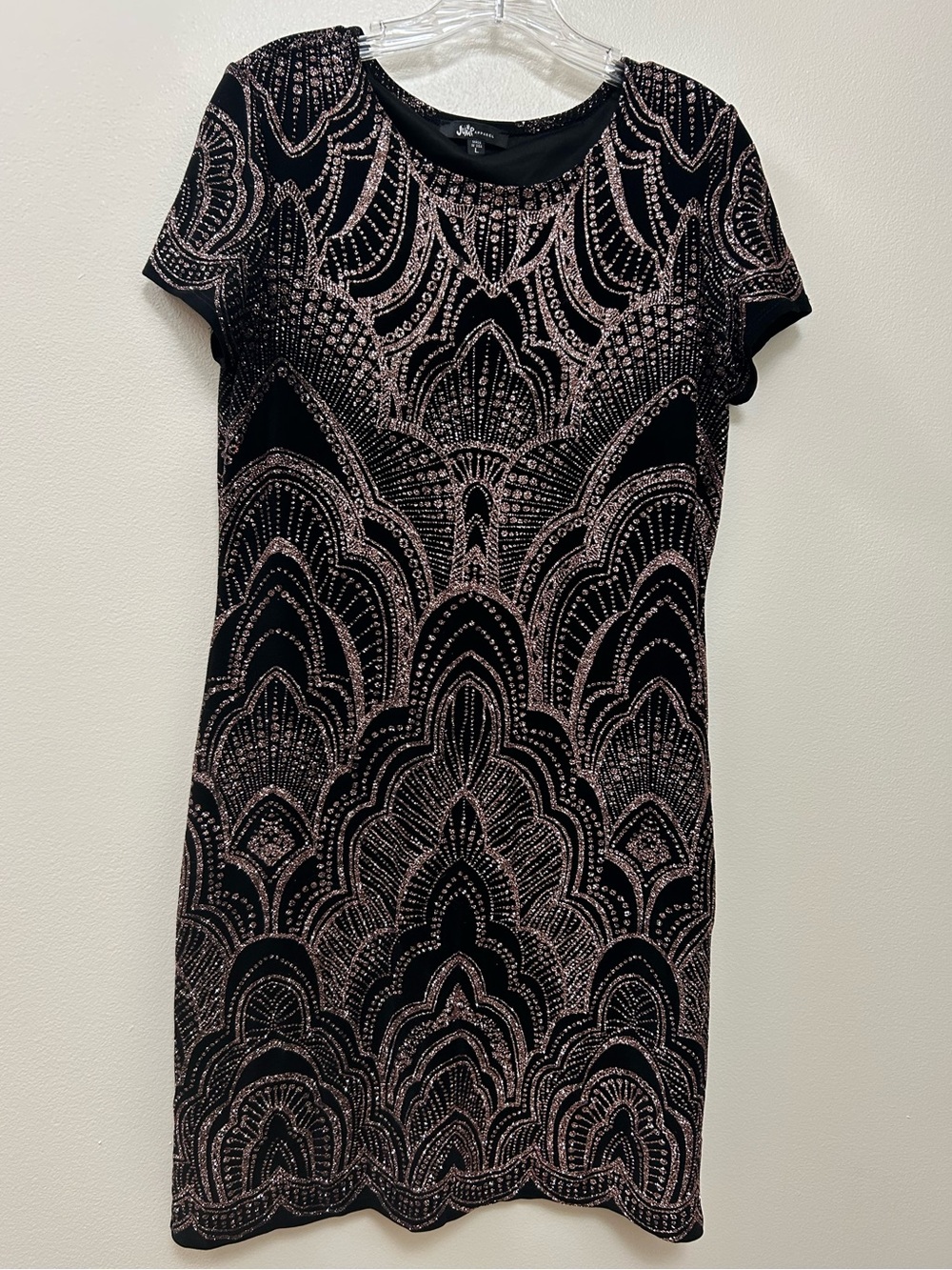 Jump Apparel Black Dress with Rose Gold Glitters Art Deco Pattern Size-L